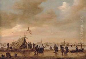 A frozen river landscape with villagers skating on a waterway by Jan van Goyen