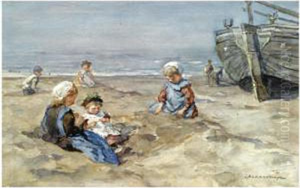 Children At Play On The Beach by Johannes Evert Akkeringa