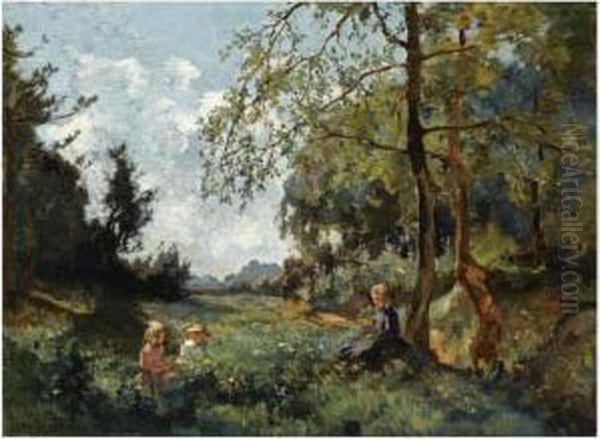 Children Picking Flowers In A Field - view 1
