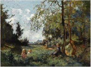 Children Picking Flowers In A Field by Johannes Evert Akkeringa