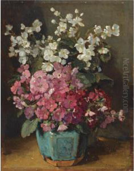 A Begonia And Busy Lizzy In A Ginger Pot - view 1