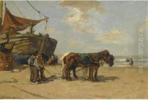 Figures Near A Bomschuit On The Beach by Johannes Evert Akkeringa