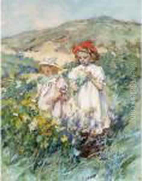 Two Girls Picking Flowers In The Dunes - view 1