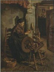 A Peasant Woman At A Spinning Weel by Johannes Evert Akkeringa