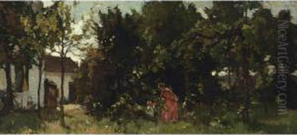 A Mother And Child Picking Flowers - view 1