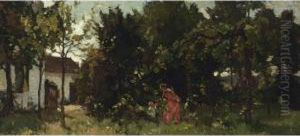 A Mother And Child Picking Flowers by Johannes Evert Akkeringa