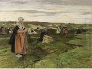 Fisherwomen Mending Nets, Katwijk by Johannes Evert Akkeringa