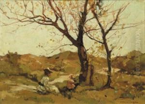 A Mother And Child In An Autumnal Dune Landscape by Johannes Evert Akkeringa