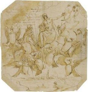 Commemorative Frontispiece With
 Eagles Clutching Aheraldic Sheild, Jupiter And A Female Allegorical 
Figure, The Cityof Bologna Below