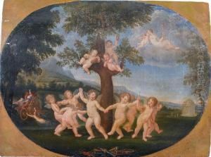 Putti Dancing Before A Tree, Within A Paintedoval