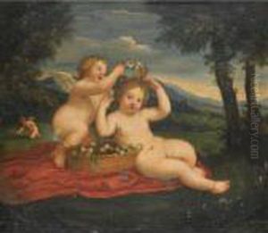 The Infant Cupid Placing A Garland Of Flowers On The Head Of The Infant Venus by Francesco Albani