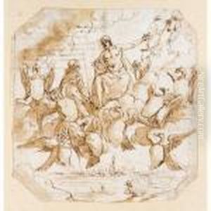 Design For A Commemorative 
Frontispiece With Eagles Clutching A Heraldic Shield And Jupiter Above 
Looking Towards A Female Allegorical Figure, The City Of Bologna Below