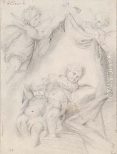 Study Of Cherubs Holding A Drapery - view 1