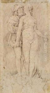 An Old Man In A Fool's Cap Caressing A Young Nakedwoman by Heinrich Aldegrever