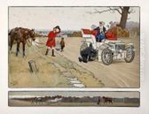 An Early Motoring Humorous Encounter Between A Motorist And A Huntsman by Cecil Charles Aldin