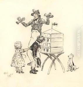 A Jester Entertaining Two Children And A Dog by Cecil Charles Aldin