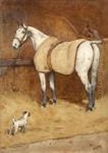 Horse And Terrier In A Stable Interior by Cecil Charles Aldin