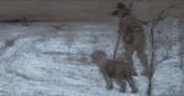 A Man And His Dog In A Snow Filled Landscape - view 1
