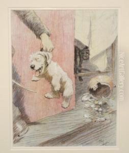 Gentleman Holding A West Highland Terrier, With A Cat Looking On by Cecil Charles Aldin