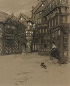 A Servant And Her Dogs Waiting Outside Moreton Old Hall,cheshire