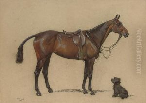A Saddled Bay Hunter And A Terrier Companion by Cecil Charles Aldin