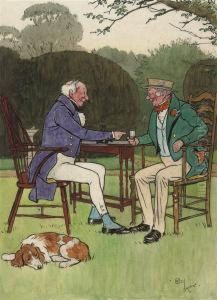 Two Gentlemen Enjoying A Drink In The Garden by Cecil Charles Aldin