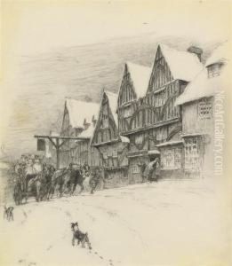 A Heavily Laden Stagecoach Arriving At The Inn, With A Terrierwatching On In Fascination