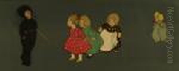 Three Little Girls And A Toddler
 Gazing At A Junior Chimney Sweep; Children Playing Shuttle Cock With A 
Naughty Dog, A Pair, Reproduction Colour Prints, Early 20th Century, 
26.5cms X 69cms. See Web Illustration - view 1