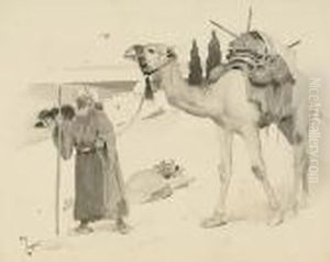 An Arab Leading A Laden Camel by Cecil Charles Aldin
