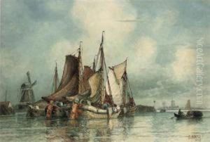Fishing Barges Drying Their Sails In The Harbour At Dordrecht by Frederick James Aldridge