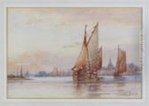 The Harbour; Boats On A River By Moonlight With A Windmill by Frederick James Aldridge