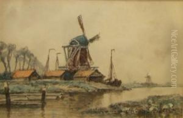 Dutch River Landscape With Windmills - view 1