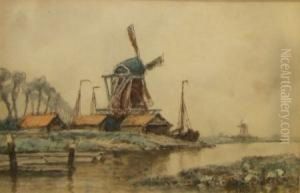 Dutch River Landscape With Windmills by Frederick James Aldridge