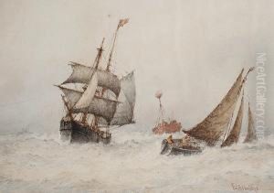 Ships In A Stormy Sea; Boats At Sea, A Pair Ships In A Stormy Sea; Boats At Sea, A Pair