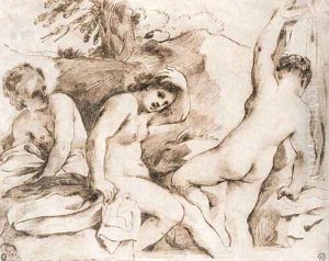 Three nymphs bathing in a mountain pool by Giovanni Francesco Barbieri