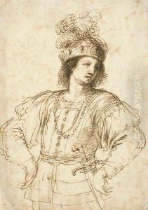 A young man with a sword in elaborate dress, his hands on his hips by Giovanni Francesco Barbieri