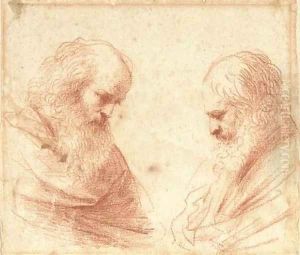 Two bearded men, bust-length, looking down