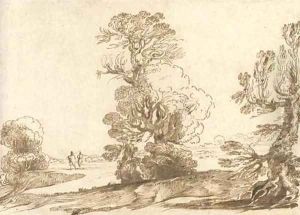 A extensive wooded landscape with two travellers on a road by Giovanni Francesco Barbieri