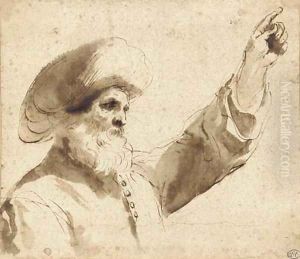 A man wearing a turban in profile to the left, raising his left hand, bust-length
