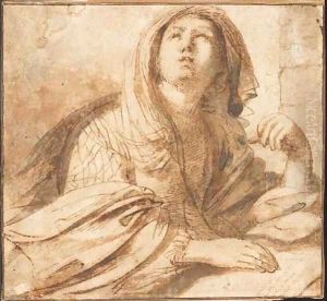 A seated sybil looking up to the left, half-length, resting her hand on a book by Giovanni Francesco Barbieri