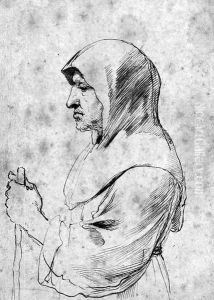 An old monk standing in profile to the left, holding a staff