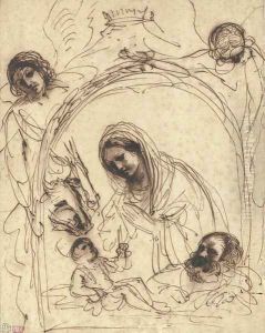 The Nativity in a fictive frame supported by two angels and surmounted by a crown