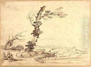 A landscape with falconers by a tree by Giovanni Francesco Barbieri