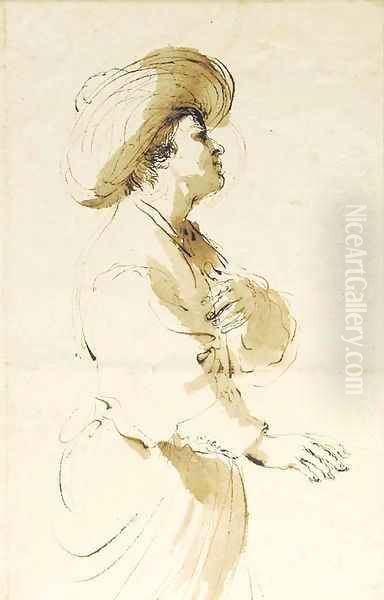 A man in a hat, three-quarter-length, in profile to the right - view 1