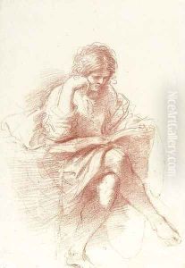 A seated youth reading, leaning his head on his right hand