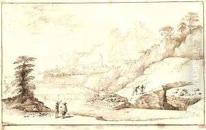 An extensive mountainous landscape with travellers by Giovanni Francesco Barbieri