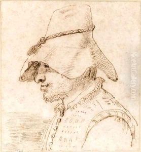 Caricature of a man in a hat in profile to the left, bust length by Giovanni Francesco Barbieri