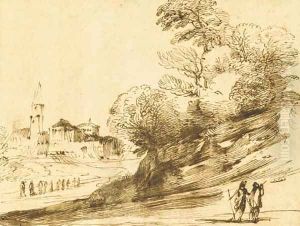 A landscape with two figures in the foreground, a town beyond by Giovanni Francesco Barbieri
