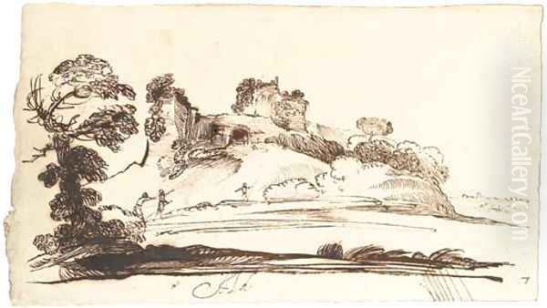 An extensive landscape with a ruined fort on a hill - view 1
