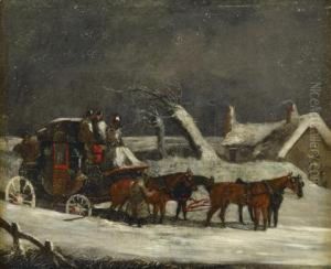 The Dover To London Coach At A Halt By A Cottage In The Snow by Henry Thomas Alken